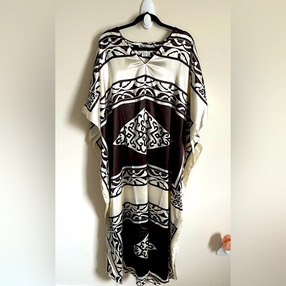 VTG Winlar Silky Art-To-Wear Brown/Cream Pancho Lagenlook Patterned Kaftan OS